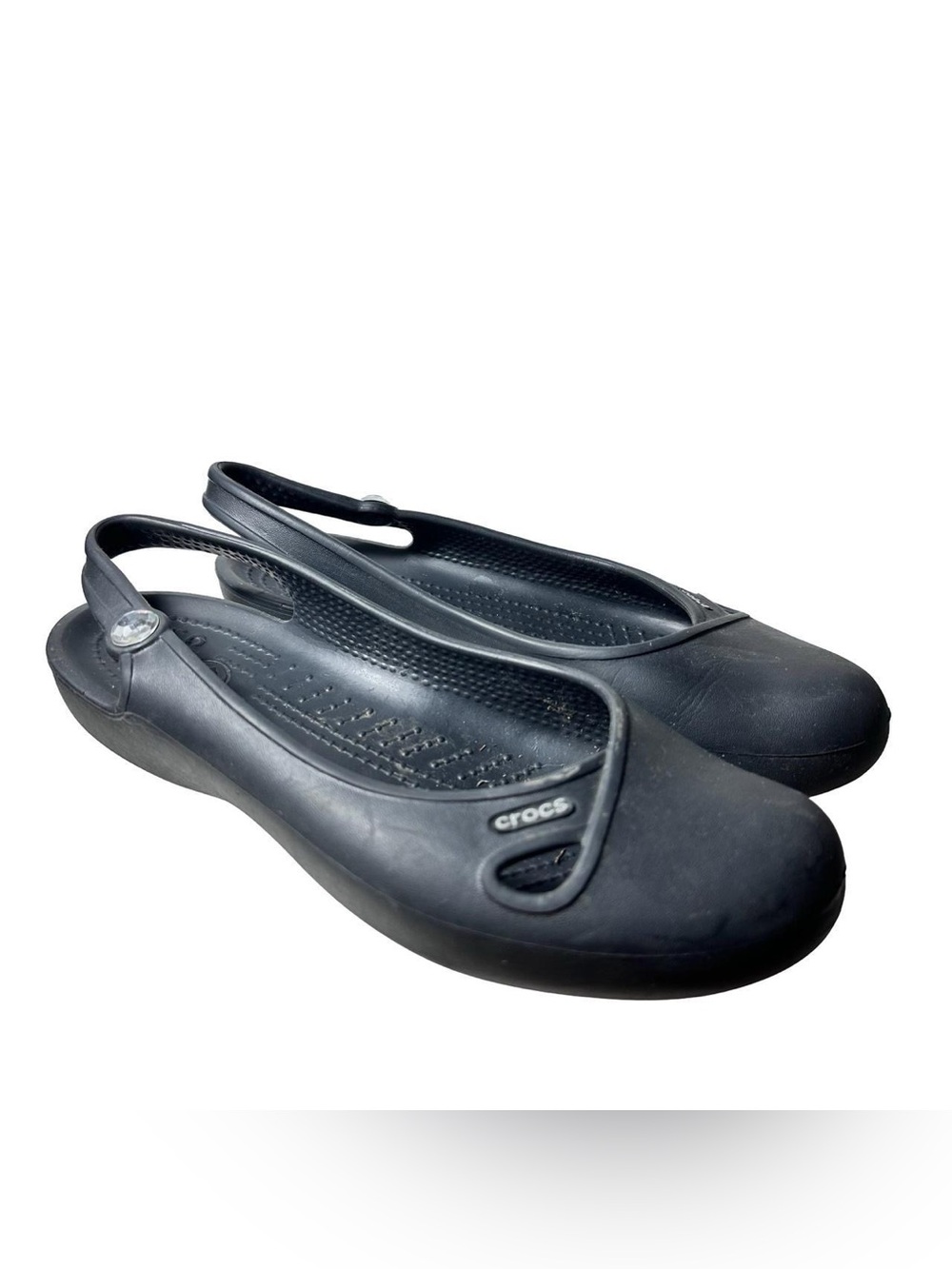 Crocs Olivia II  Black Slingback Flats Rhinestone Gem Accent Women’s Size 7